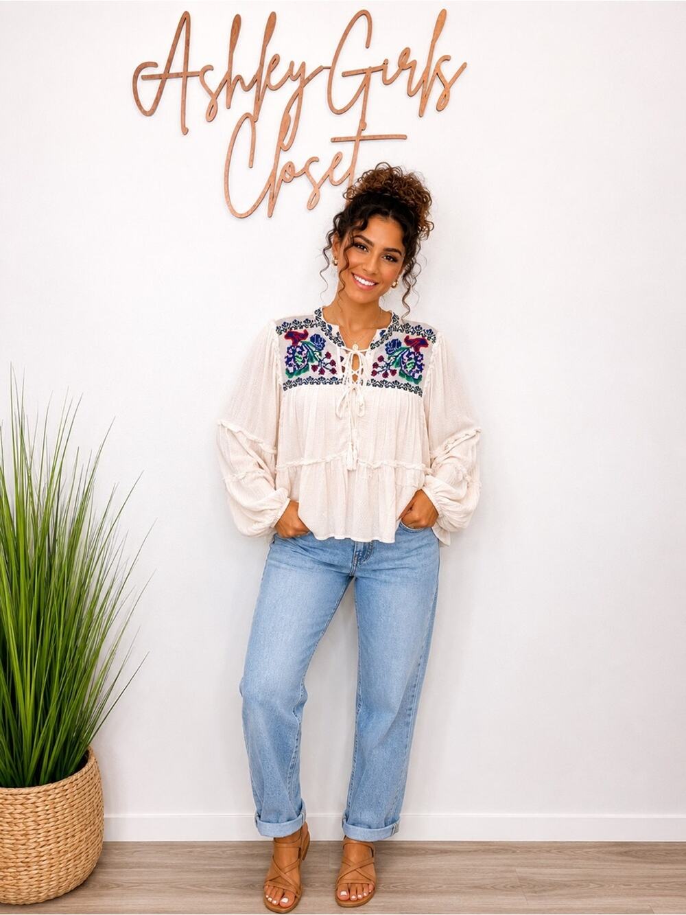 Free People Embroidered Boho Peasant Blouse XS Cream